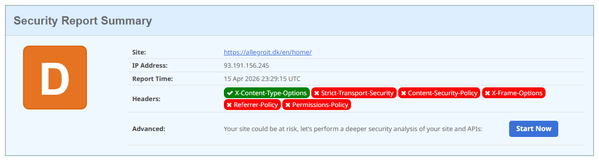 securityheaders.com: den gamle WordPress-side får karakteren D — kun én af de seks headers er sat